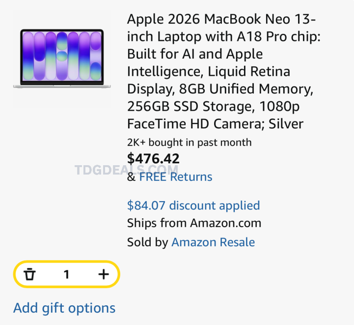 primedropper's tweet photo. MACBOOK NEO DEAL 💻

Apple 2026 MacBook Neo 13” is showing for $476.42 on Amazon Resale.

Discount applied in cart, ships from Amazon, and sold by Amazon Resale.

Specs show A18 Pro, 8GB memory, 256GB SSD, and 1080p FaceTime camera.

🔗 https://t.co/xhlANDjAjV

#ad https://t.co/oe2dkWl7pt
