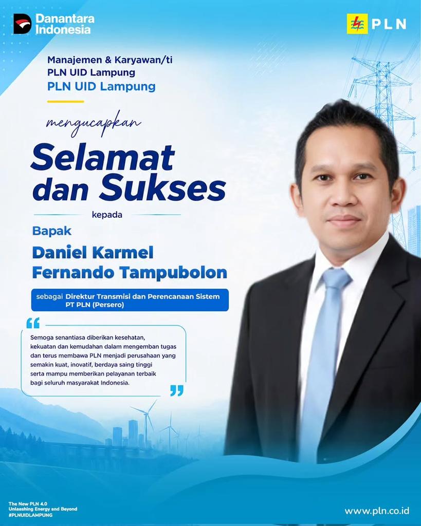 plndislampung's tweet photo. Segenap Manajemen dan Karyawan/Karyawati PT PLN (Persero) Unit Induk Distribusi Lampung mengucapkan selamat dan sukses kepada jajaran Direksi PT PLN (Persero) atas amanah yang diberikan untuk memimpin perusahaan.

Semoga senantiasa diberikan kesehatan, kekuatan, dan kelancaran https://t.co/rfBNoARpeR