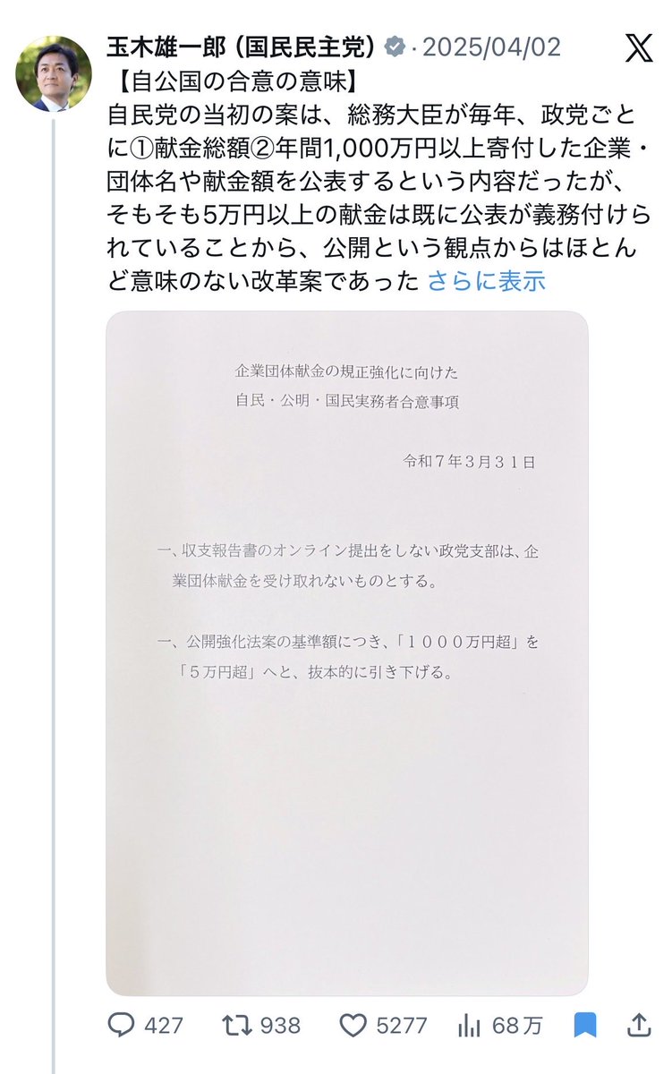kinoko198110's tweet photo. 国民民主支持者が筋違いなヒステリー起こしてるから
改めてお伝えしますが

森ようすけは
企業団体献金に関して
国民民主にデカいツラする権利なんかないことをよく理解してから
青柳さんと対談しろよ

一般人の私でもわかるんだけど
それでも国会議員かよ

国民民主は企業団体献金禁止を
【【潰した側】】だろ

国民民主は企業団体献金について
自民党のために
【【法案すら出さなかった】】んだよ

法案の代わりに出してきたのが
この紙ペラで
上限が1000万だろうが6000万だろうが
透明化だろうが禁止だろうが

法案突き合わして国会で議論すること
それ自体から【【逃げた】】のが
国民民主だから

2025.03.31までに
法案すら出さなかったことを
先に説明しろ
 https://t.co/RgzkVpePDG