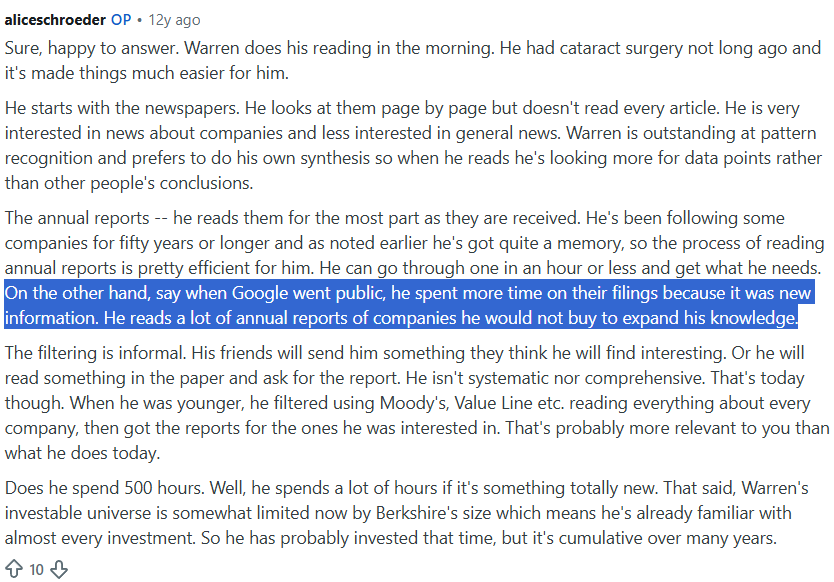 gregoryblotnick's tweet photo. another "here's why he is Buffett and we are us"

"On the other hand, say when Google went public, he spent more time on their filings because it was new information. He reads a lot of annual reports of companies he would not buy to expand his knowledge."

ppl forget that when u see him in something like Apple, he's not exactly new...only been reading every single 10K and 10Q for the last 50 years.