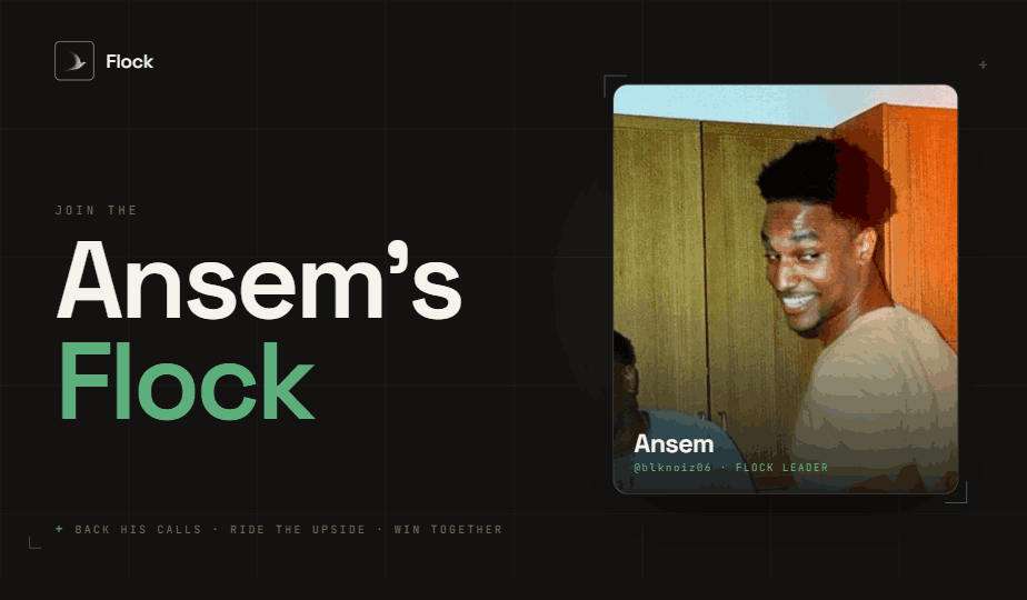 flockmarkets's tweet photo. Ansem's Flock is live.

4 of his calls, one Nest, equal weighted.

The creator wallet is set to Ansem's wallet, so if this flock trades, the builder fees route to him:

2qHvuSpH2Qu4ezyA3ALYiA4sZfrEaBSkTEUg16pC7SQM

@blknoiz06 we are waiting.

https://t.co/cg13jj2Klh https://t.co/62xFJXHzHQ