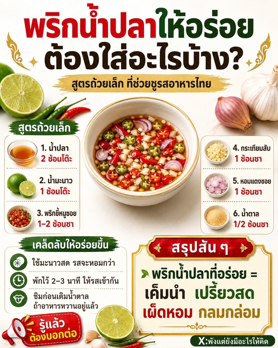 NO1CAPTION's tweet photo. พริกน้ำปลาถ้วยเล็ก ๆ แต่ช่วยชูรสทั้งจานได้จริง 🌶️🍋
เคล็ดลับคือให้ “เค็มนำ เปรี้ยวสด เผ็ดหอม” แล้วรสจะกลมกล่อมขึ้นทันที

บ้านไหนมีสูตรเด็ดกว่านี้ บอกกันหน่อย 👇
#พริกน้ำปลา #อาหารไทย #เข้าครัว #สูตรอาหารง่ายๆ https://t.co/TKq62J7NiG