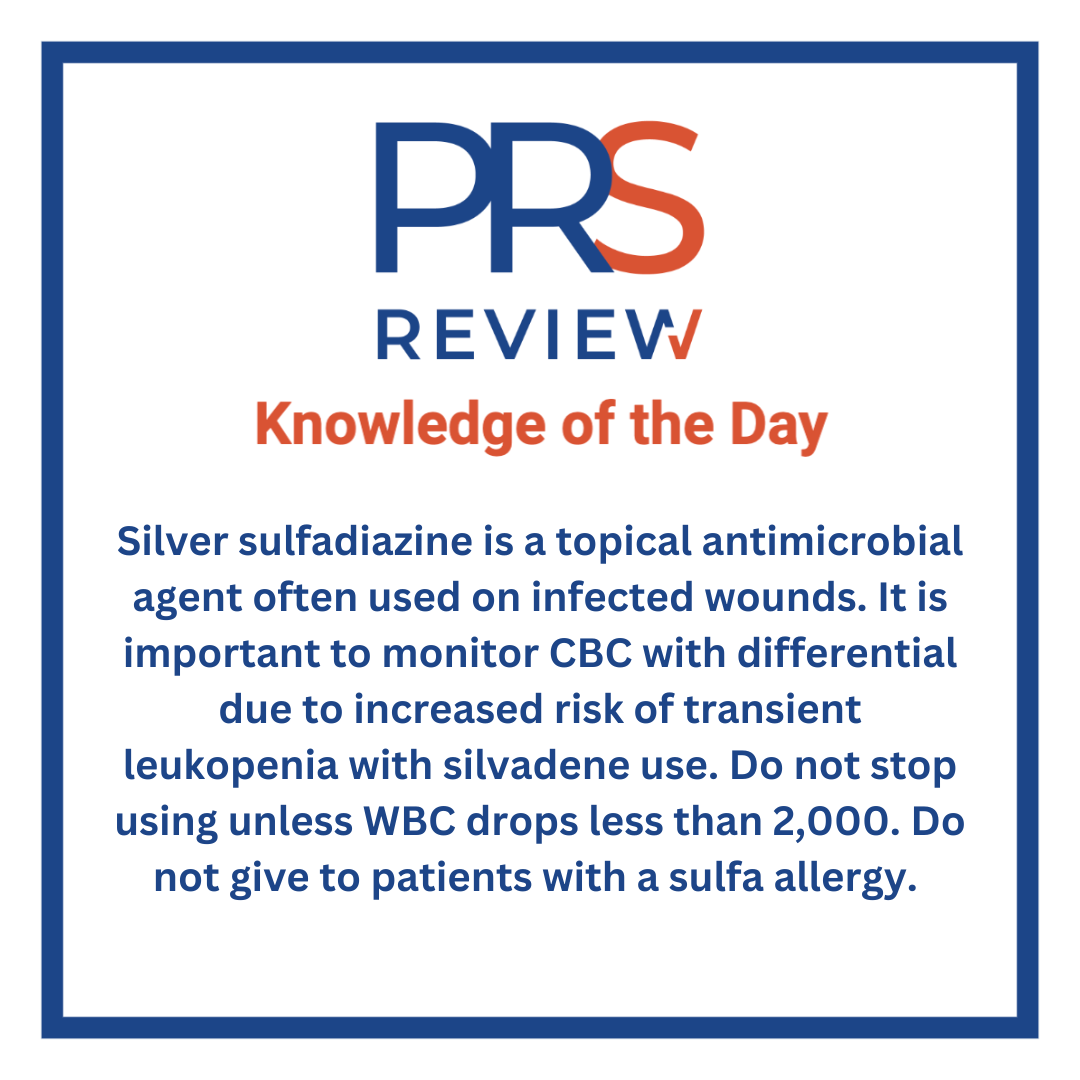 prsreview's tweet photo. Silver sulfadiazine
#prsreview #microsurgery #plasticsurgery #reconstructivesurgery #surgicaleducation #medicaleducation #meded #plasticsurgeryresidency #plasticsurgeryfellowship #plasticsurgeon #surgery #medicalstudent #medicine #medicalschool #resident https://t.co/SPy9Kzxp7c