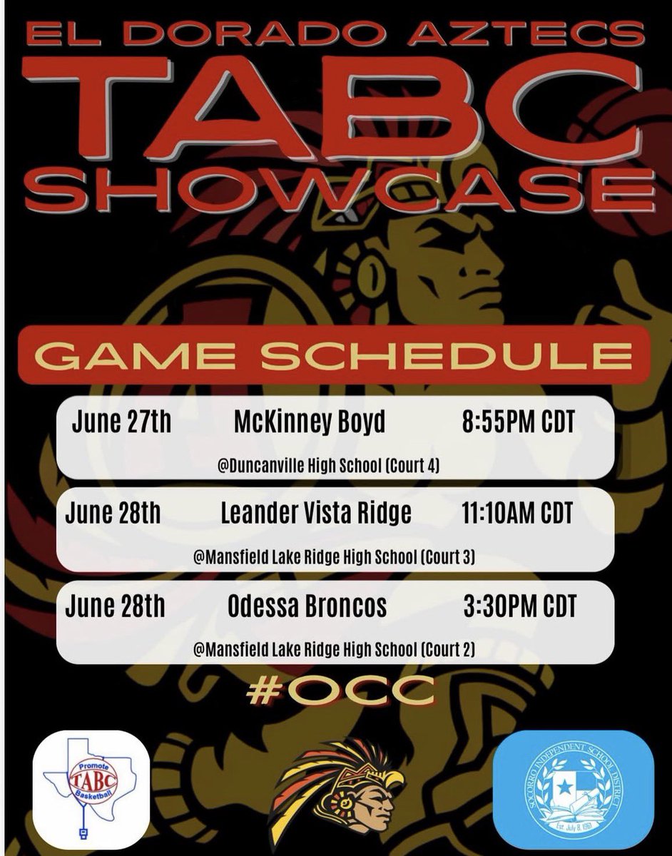 JacobV2027's tweet photo. Here is my schedule for the TABC showcase this weekend in Dallas. Come check us out! @ElDoHoops @MLuera_EDHS https://t.co/MSkVc8v9a5