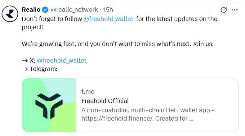 NeutralViewLab's tweet photo. 🔥 While most people focus on price, the infrastructure keeps improving.

Freehold Wallet now offers asset management, staking, swaps, and tokenization across Realio, Ethereum, Solana, and Bitcoin in one non custodial platform.

Feels like one of the strongest pieces being built around the Realio ecosystem right now.