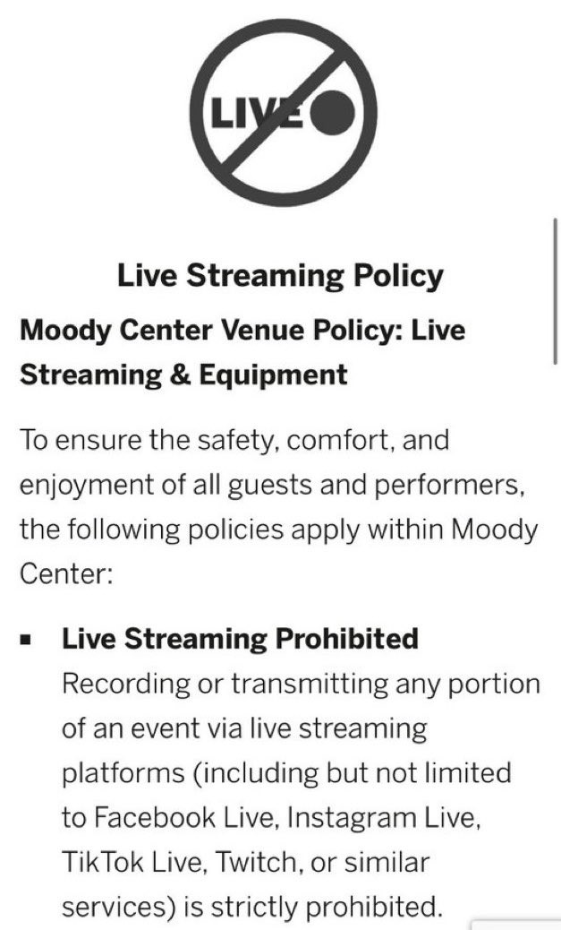 ArianaWorldHQ's tweet photo. Due to the Moody Center’s ban on live streaming, there will likely be few or no streams available for Ariana Grande’s birthday show on June 26. https://t.co/7A2dEwCL0t