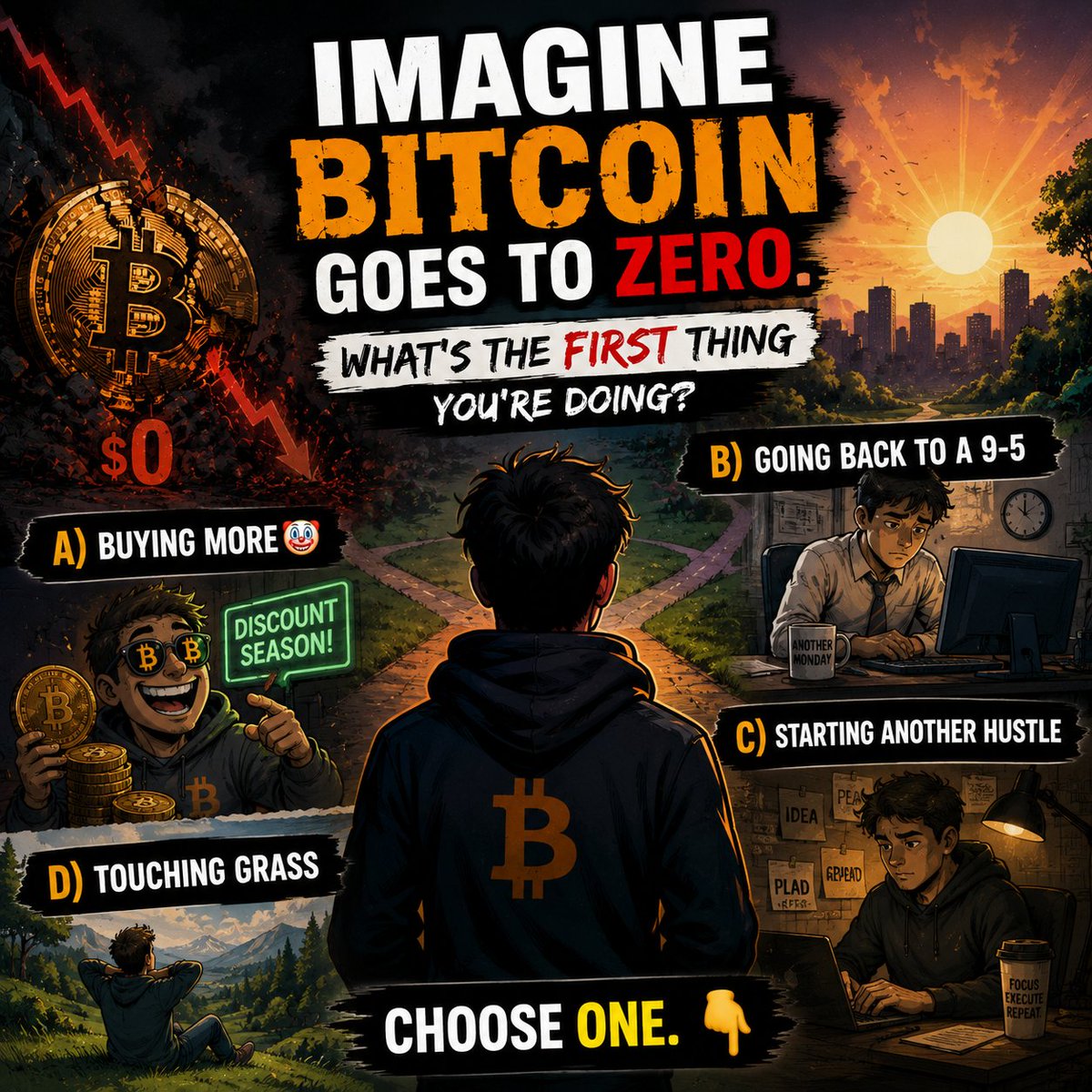 GamingOrb4's tweet photo. Imagine Bitcoin goes to zero.
What's the first thing you're doing? 
Choose one. 👇
A) Buying more 🤡 
B) Going back to a 9-5 
C) Starting another hustle 
D) Touching grass https://t.co/wbCZqjzJ3k