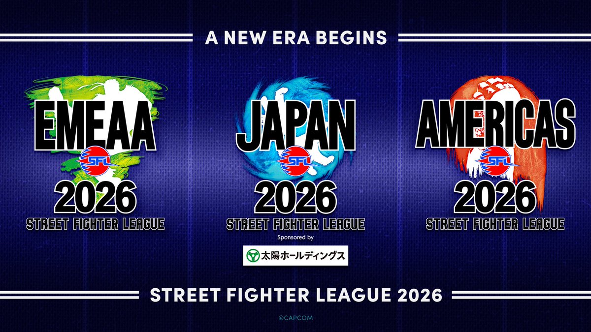 CapcomFighters's tweet photo. Same league, sharper look. ✨

The new Street Fighter League is here: SFL AMERICAS, SFL EMEAA, and SFL JAPAN.

🔴 SFL AMERICAS: North, Central & South America
🟢 SFL EMEAA: Europe, the Middle East, Africa & Asia
🔵 SFL JAPAN: Japan

New names, new logos, same fight. The teams in each region are about to throw down.

#SFL2026