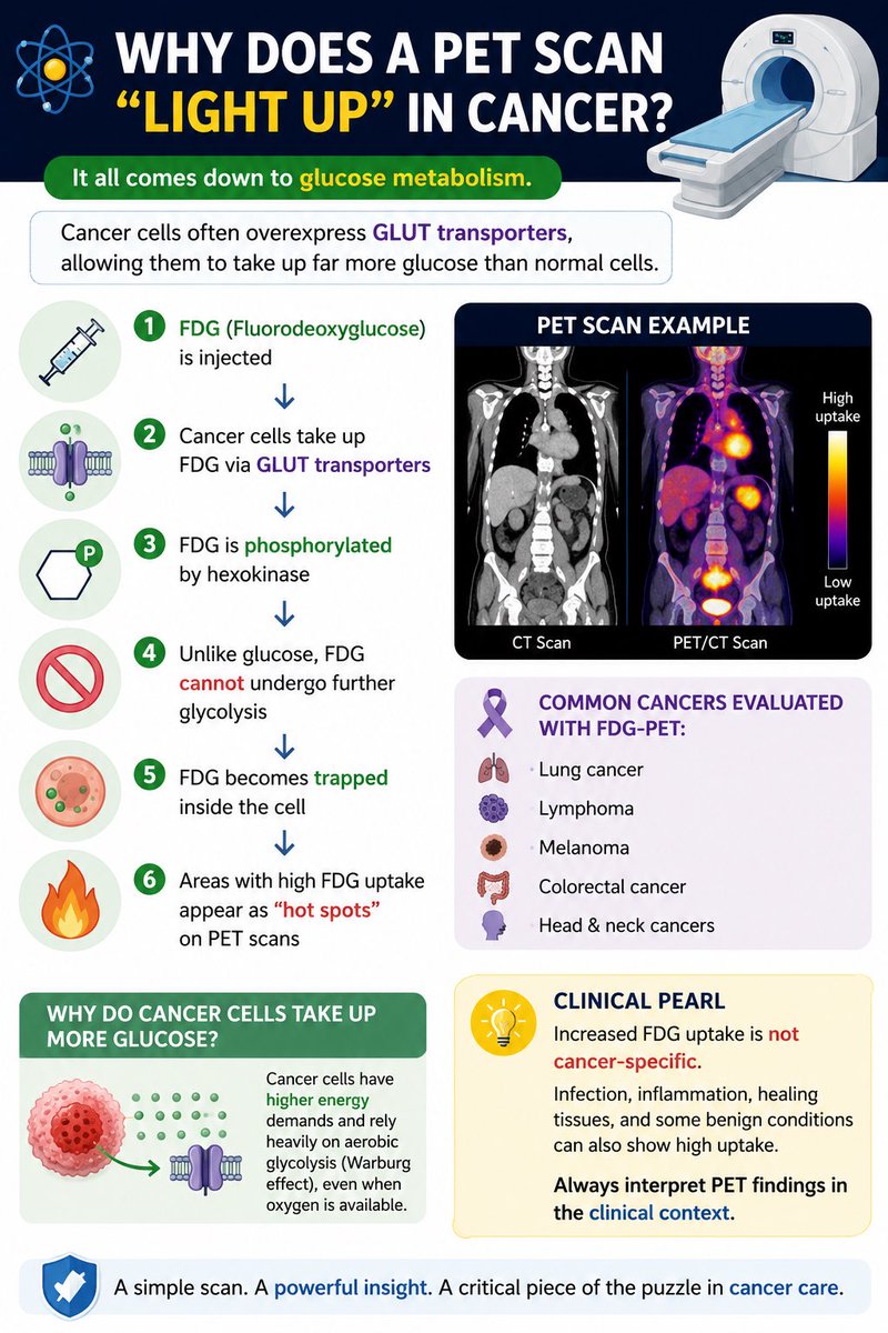 rpsingh1894's tweet photo. PET scans don’t see cancer—they see metabolism.
Cancer cells often:
✅ Overexpress GLUT transporters
✅ Take up more FDG
✅ Trap FDG inside the cell
✅ Appear as “hot spots” on PET imaging
Always interpret PET findings in the clinical context.
#MedicalEducation #MedEd #PETScan #Oncology