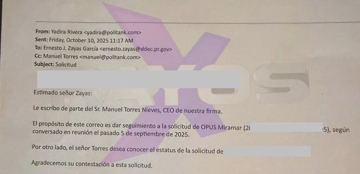 ValeriaCollazoC's tweet photo. Aunque Ferraiuoli sostiene que “no tiene ninguna información” de que Opus Miramar sea cliente de Politank, hay correos electrónicos de Politank dando seguimiento al DDEC sobre decreto solicitado por OM. Centuria, uno de los fondos del proyecto, sí figura como cliente de Politank. https://t.co/x3OCkktdqA