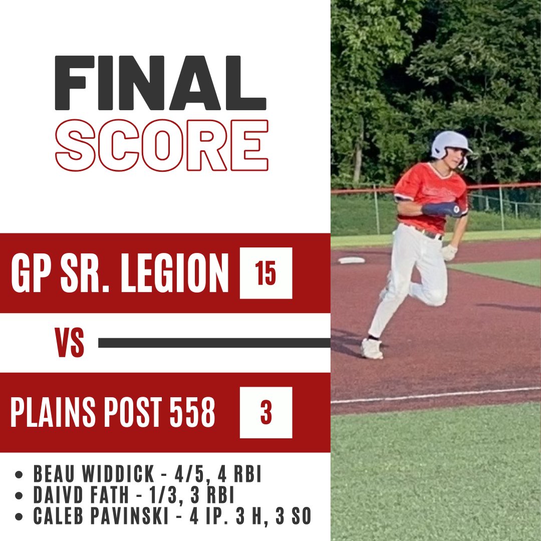 GP_LegionBSB's tweet photo. SWEEP COMPLETE 🧹

GP Sr. came away with a 15-3 win on the road last night, led by Beau Widdick, who collected four RBIs in the victory!

📝 David Fath also had a multi-RBI effort, coming away with three!

#RollGP ⚾️ https://t.co/cNE3g4SaMa