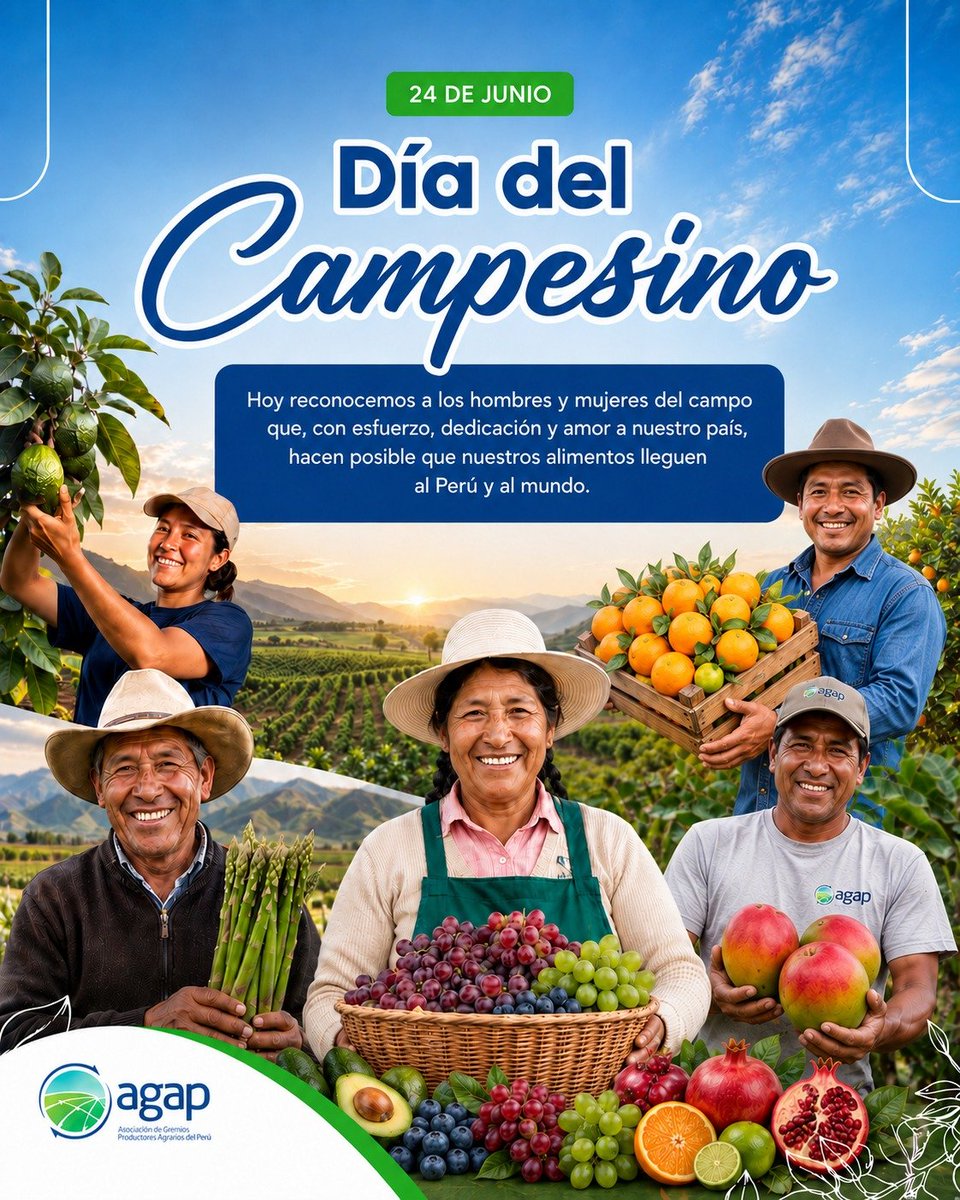 AGAP_PERU's tweet photo. 🌱🇵🇪 Hoy celebramos a quienes hacen florecer el Perú.

En cada cosecha hay esfuerzo, conocimiento, dedicación y amor por nuestro país. Hoy rendimos homenaje a los hombres y mujeres del campo que, con su trabajo diario, hacen posible que nuestros alimentos lleguen a millones de hogares en el Perú y el mundo.

Gracias por impulsar el desarrollo de nuestras comunidades, fortalecer la seguridad alimentaria y llevar lo mejor de la agricultura peruana más allá de nuestras fronteras.

¡Feliz Día del Campesino! ���

#DíaDelCampesino #AGAP #AgriculturaPeruana #OrgulloDelCampo #PerúAgrícola