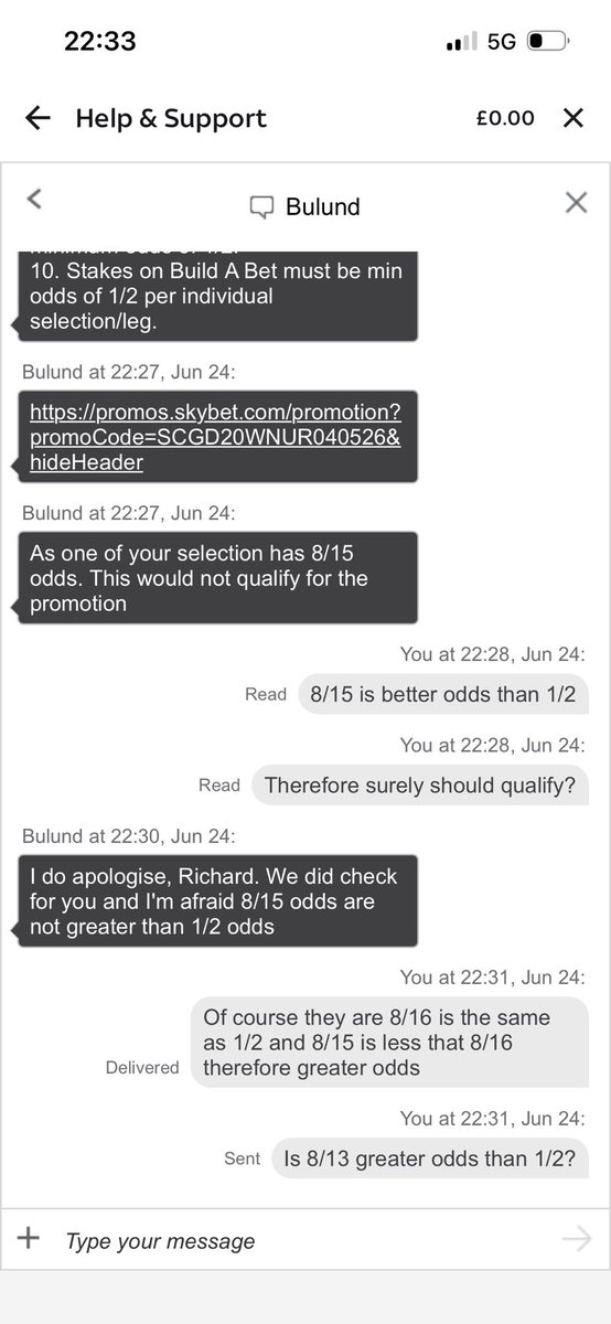 RichardBeney's tweet photo. @SkyBetHelp surely your agents should understand your own t&amp;cs and be able to work out which odds are better than others? https://t.co/pYvtrWhop4