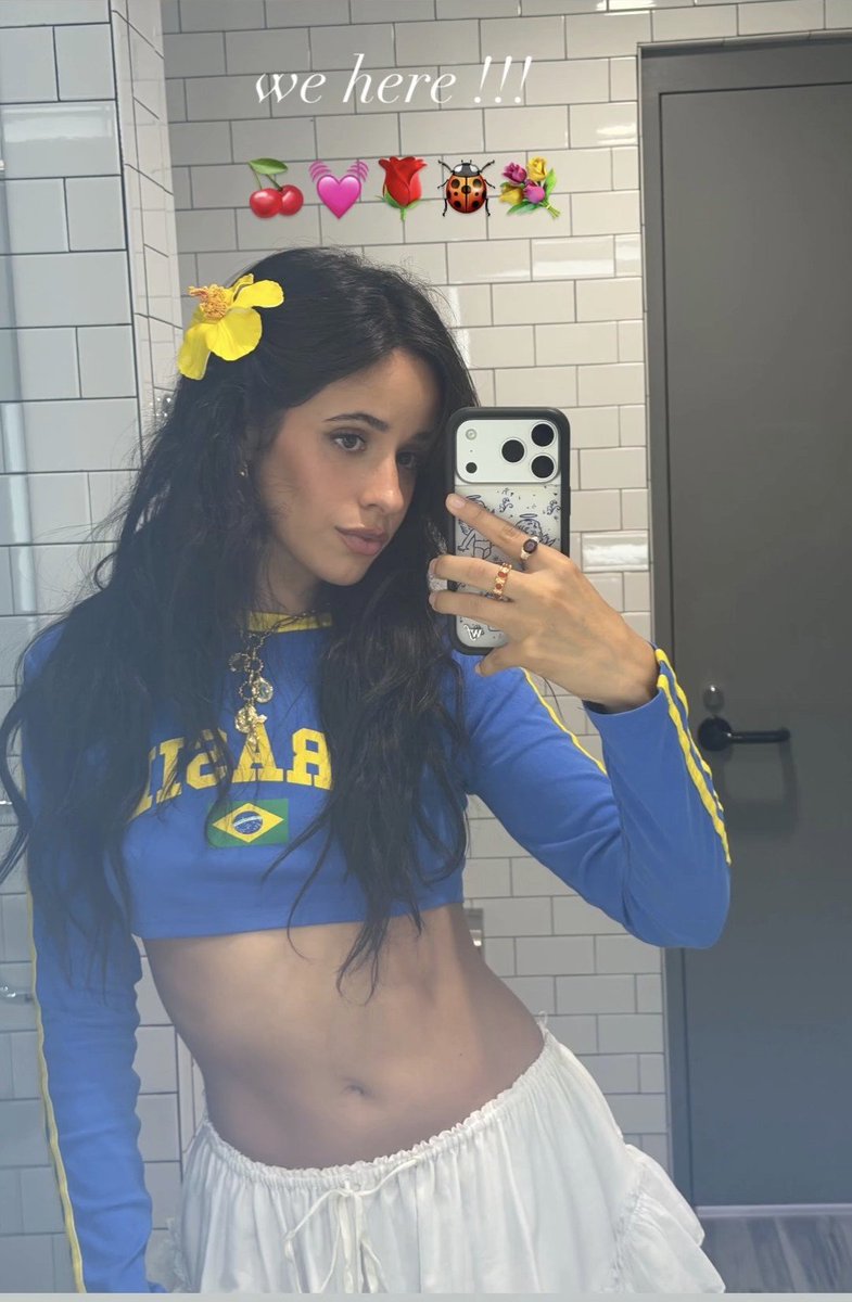 WWCamilaCabello's tweet photo. "MEIA BRASILEIRA" IN THE HOUSE!!

"We here!!! 🍒💓🌹🐞💐" - Camila's Instagram story. https://t.co/wDJdEdEqvE