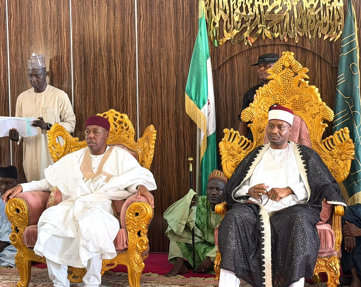 BamaCouncil's tweet photo. Earlier today, His Royal Highness The Shehu of Bama, (Dr.) Umar Kyari Umar El-kanemi, received His Excellency The Executive Governor of Borno State, Prof. Babagana Umara Zulum Mni, CON, FNSE, at his Palace in Bama. https://t.co/lWKHv8vJKd