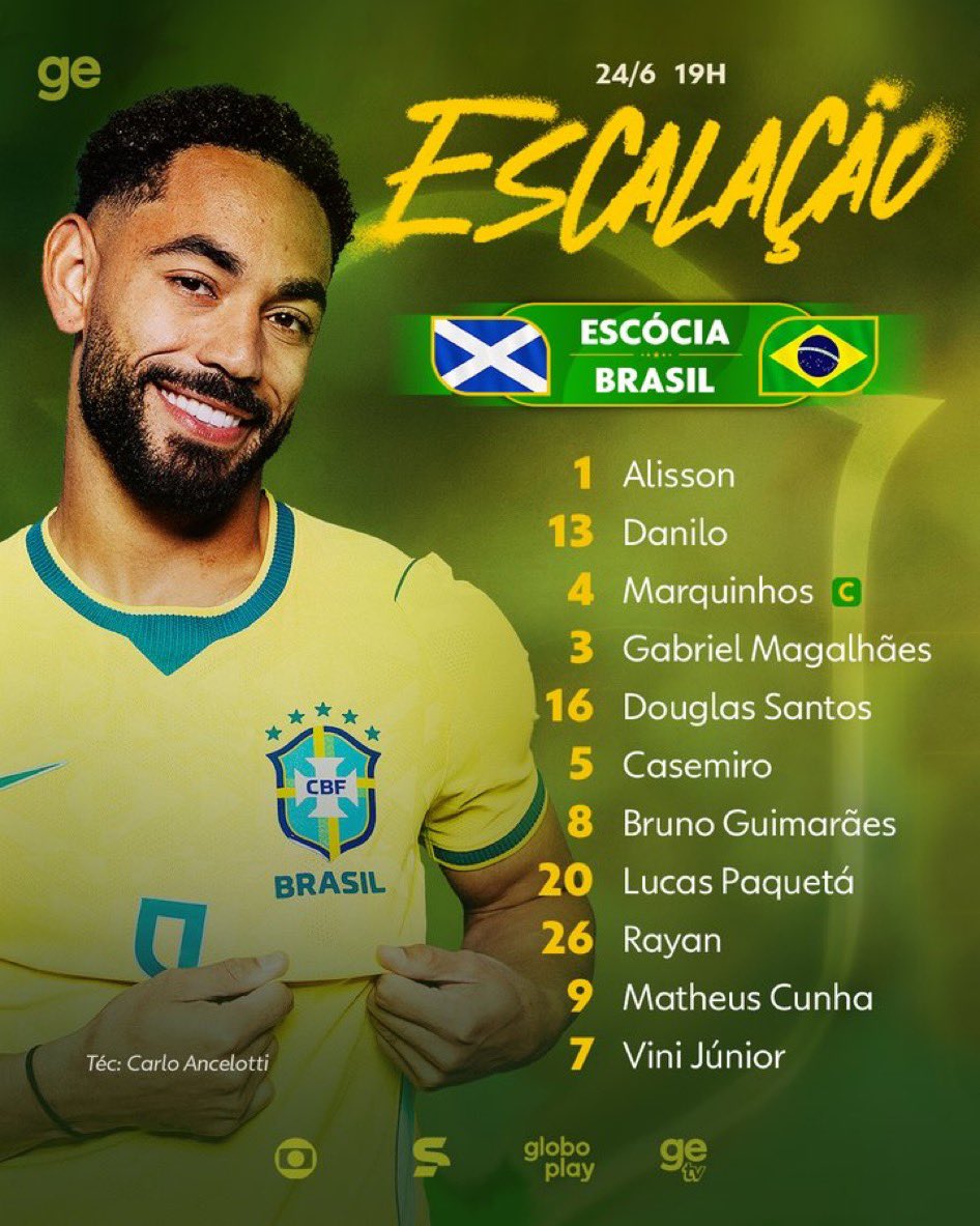 PolyokeyFB's tweet photo. LINEUPS OUT: Scotland vs Brazil Miami Clash🏟️
Ancelotti’s Brazil debut XI: Vini Jr, Paquetá, Cunha front three, Casemiro, captain Marquinhos & teen Rayan start
Robertson & McTominay lead Scotland’s tough backline to shackle the Seleção. Can they stop Brazil?
#WorldCup2026 #ViniJr https://t.co/yFG9sY9bCi