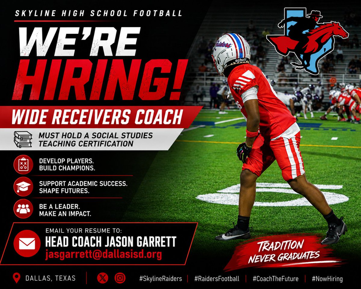SKYLINEfb's tweet photo. Skyline Football is seeking a Wide Receivers Coach with a Social Studies certification.

📧 Email resumes to Head Coach Jason Garrett:
jasgarrett@dallasisd.org

#RaiderNation #SkylineFootball #CoachingJobs #WideReceivers https://t.co/dKTMjqrthH