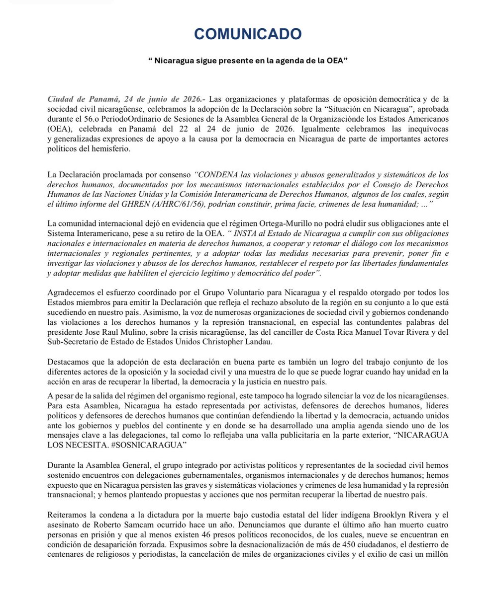 AlianzaCivicaNi's tweet photo. 🇳🇮 La adopción de la Declaración sobre Nicaragua en la Asamblea General de la OEA reafirma que la crisis de derechos humanos y la represión no pueden ser ignoradas.
Seguimos demandando libertad, justicia y democracia para Nicaragua.
¡Nicaragua no está sola!
#Nicaragua #SOSNicaragua