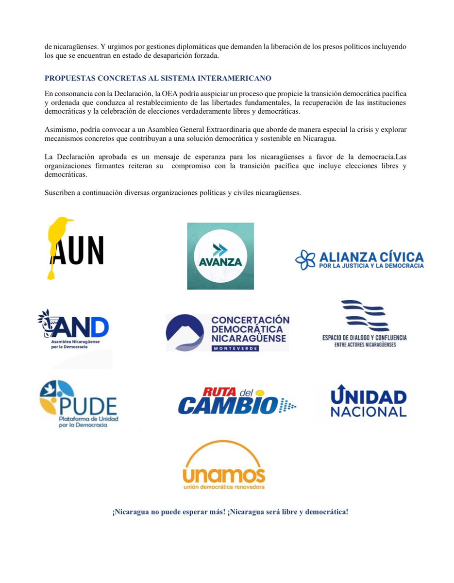 AlianzaCivicaNi's tweet photo. 🇳🇮 La adopción de la Declaración sobre Nicaragua en la Asamblea General de la OEA reafirma que la crisis de derechos humanos y la represión no pueden ser ignoradas.
Seguimos demandando libertad, justicia y democracia para Nicaragua.
¡Nicaragua no está sola!
#Nicaragua #SOSNicaragua