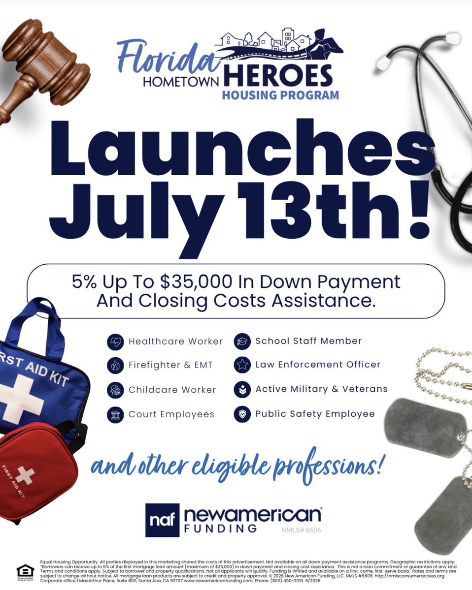 EricBmortgage's tweet photo. 🏡 Florida Hometown Heroes returns July 13!

Up to $35,000 in assistance for eligible heroes.

📩 Message me to see if you qualify.

#FloridaHometownHeroes #HomesForHeroes #FloridaHousing #Homeownership https://t.co/KKfLWnlsFx