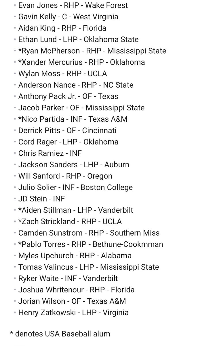 bigdonkey47's tweet photo. USA Baseball announced the roster for the 2026 Collegiate National Team Training Camp https://t.co/PBXD1dslzG