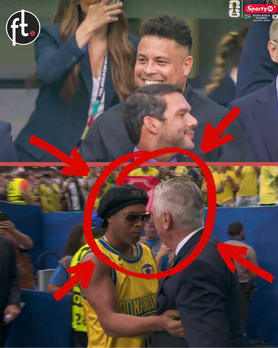 Footballtweet's tweet photo. Ronaldinho wishes Carlo Ancelotti good luck ahead of the Brazil-Scotland game, while Ronaldo watches on from the stands. 🇧🇷🫂🇮🇹 https://t.co/xKNys5RM2r