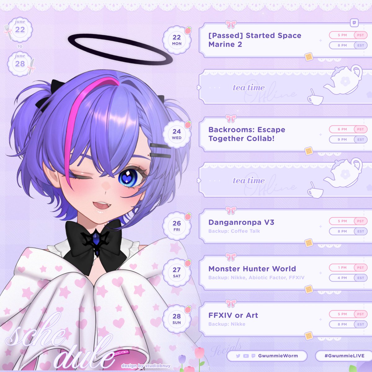 GwummieWorm's tweet photo. New stream schedule for the week! I hope you stay worm and cozy! 🌻🌈 Gonna be playing Backrooms with Kitty, Log, Apple, and Sloth today!

#vtuber #GwummieLIVE #twitch https://t.co/t6ZfMCaEFl