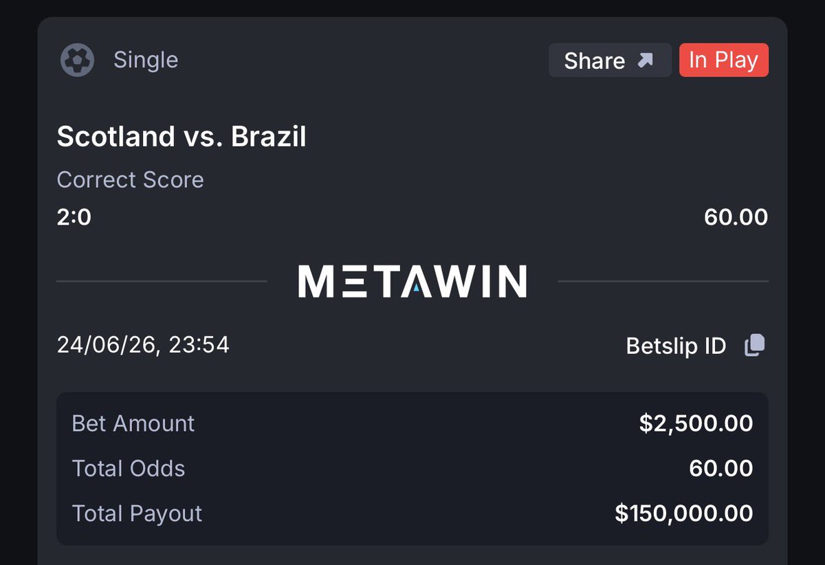 skel's tweet photo. It’s a long shot but I’ll win $150,000 if Scotland beat Brazil 2:0 tonight @MetaWin https://t.co/1n0jxOTItS