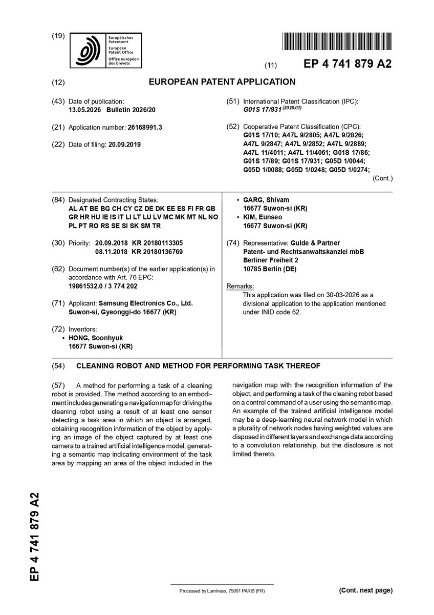 IgorParomtchik's tweet photo. The #EPO agreed that the subject matter of #Samsung's divisional patent application No. 26168991.3 for a cleaning #robot lacks an inventive step following third-party observations (TPO), a finding that may cast doubt on the parent patent.
🔗 https://t.co/ByZ5EnRQdp #ieeeras https://t.co/PosNtjyQif