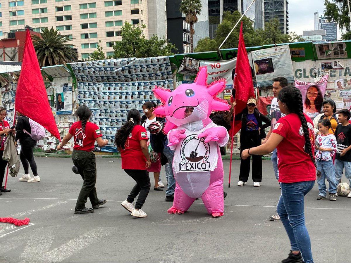 Pajaropolitico's tweet photo. 📍Entre gritos de "México campeón en desaparición", familias buscadoras dan inicio a las retas contra el olvido.

Junto a las personas que se acercan a participar en el juego, se encuentra el ajolote que los colectivos de búsqueda adoptaron como mascota.

"Estamos buscando a más de 135 mil personas desaparecidas", informan a los aficionados que pasan por la zona.

📹: @ere_aquino