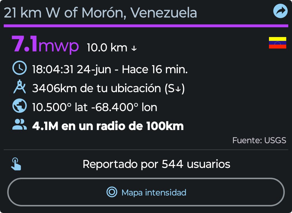 20jaime's tweet photo. #sismo M7.1,  21 km W of Morón, Venezuela. Reportado a través de la app Sismo Detector. Descarga la app desde https://t.co/ETVBNdThHs para recibir alertas de #sismo en tiempo real @SismoDetector https://t.co/XZeFA8G4Y0