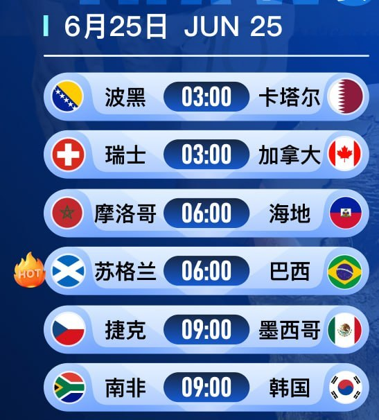 _audrey_Rinaldi's tweet photo. 🏆 #2026美加墨世界杯 #足球预测

🇨🇿捷克 VS 墨西哥🇲🇽
北京时间：2026 年 06 月 25 日 09:00
本场预测：墨西哥独赢，捷克+0.5/1，小2.5/3
娱乐比分：0-1，1-1，1-0 

🇿🇦南非 VS 韩国🇰🇷
北京时间：2026 年 06 月 25 日 09:00
本场预测：韩国独赢，小2.5/3，韩国-0.5
娱乐比分：0-1，0-2，防平

仅个人预测，请理性参考

#2026世界杯 #世界杯2026 #美加墨世界杯 #FIFA世界杯

#瑞士队 #加拿大队 #SwitzerlandVsCanada #SUICAN #世界杯预测 #足球分析 #比赛前瞻 #足球推荐 #竞彩分析 #让球盘 #大小球 #小2点5 #防守反击 #控球压制 #世界杯小组赛

#波黑队 #卡塔尔队 #BosniaVsQatar #BOSQAT #大2点5进球 #角球分析 #进攻火力

#苏格兰队 #巴西队 #ScotlandVsBrazil #SCOBRA #巴西足球 #内马尔 #维尼修斯 #大球方向 #高位逼抢 #技术流对抗

#摩洛哥队 #海地队 #MoroccoVsHaiti #MORHAI #防守反击 #边路进攻 #定位球战术 #竞彩推荐