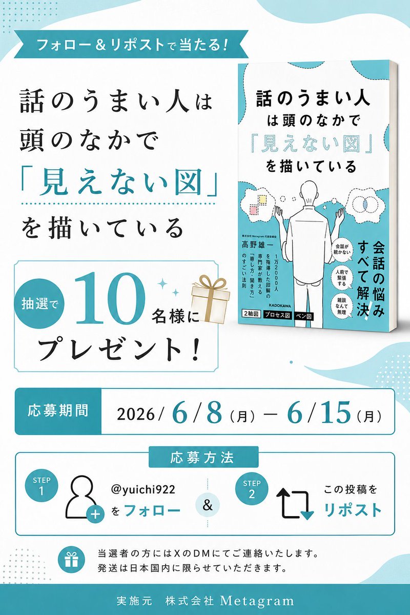 KS_asdfg's tweet photo. 髙野雄一 @yuichi922 様より
書籍『話のうまい人は頭のなかで「見えない図」を描いている』をいただきました!✨
複雑な話も図で整理することで理解が深まりそう‼️📝読むのが今から楽しみです😉✨
普段の投稿も、お仕事/プライベート問わず役立つ情報を発信してるのでぜひチェックしてね❗#koccho https://t.co/VCFRfCqPTT