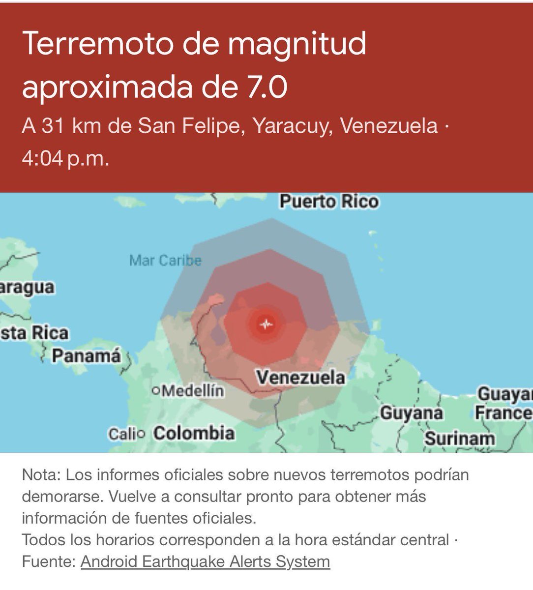 AndrewsAbreu's tweet photo. #URGENTE Usuarios reportan que el temblor se sintió desde Caracas, Vzla hasta Bucaramanga, Colombia. 

Mag: 7.0
Epicentro: San Felipe, Yaracuy. Venezuela https://t.co/QDwfUW6ZvR