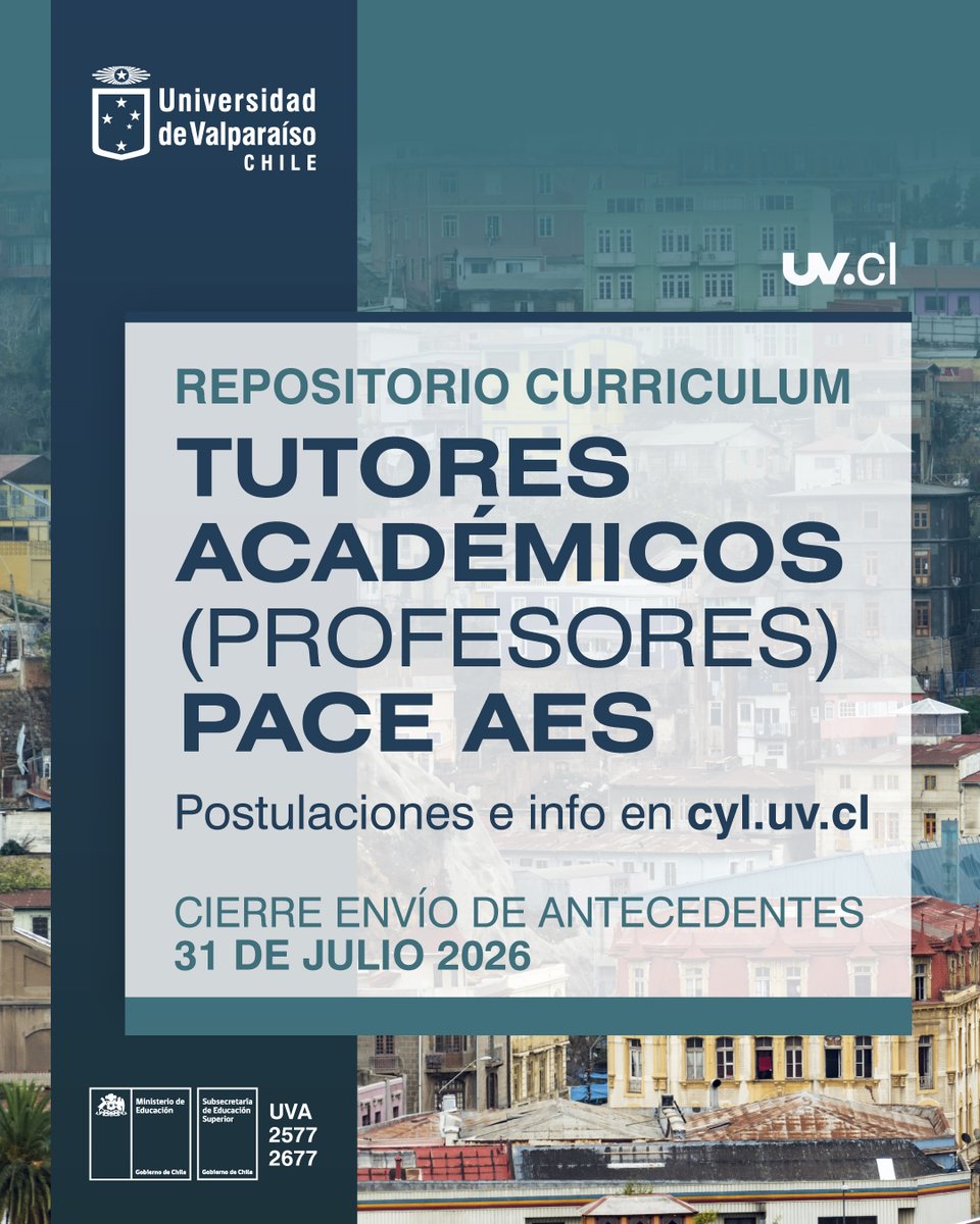 uvalpochile's tweet photo. 📢 La Universidad de Valparaíso abrió la convocatoria para integrar el repositorio de tutores académicos PACE AES, en el marco de los proyectos UVA2577 y UVA2677. 📧 Consultas y postulaciones: paceaes@uv.cl. Postula hasta el 31 de julio en https://t.co/20lyoqH7lo #UV #PACEAES https://t.co/IgPjfr0BPU