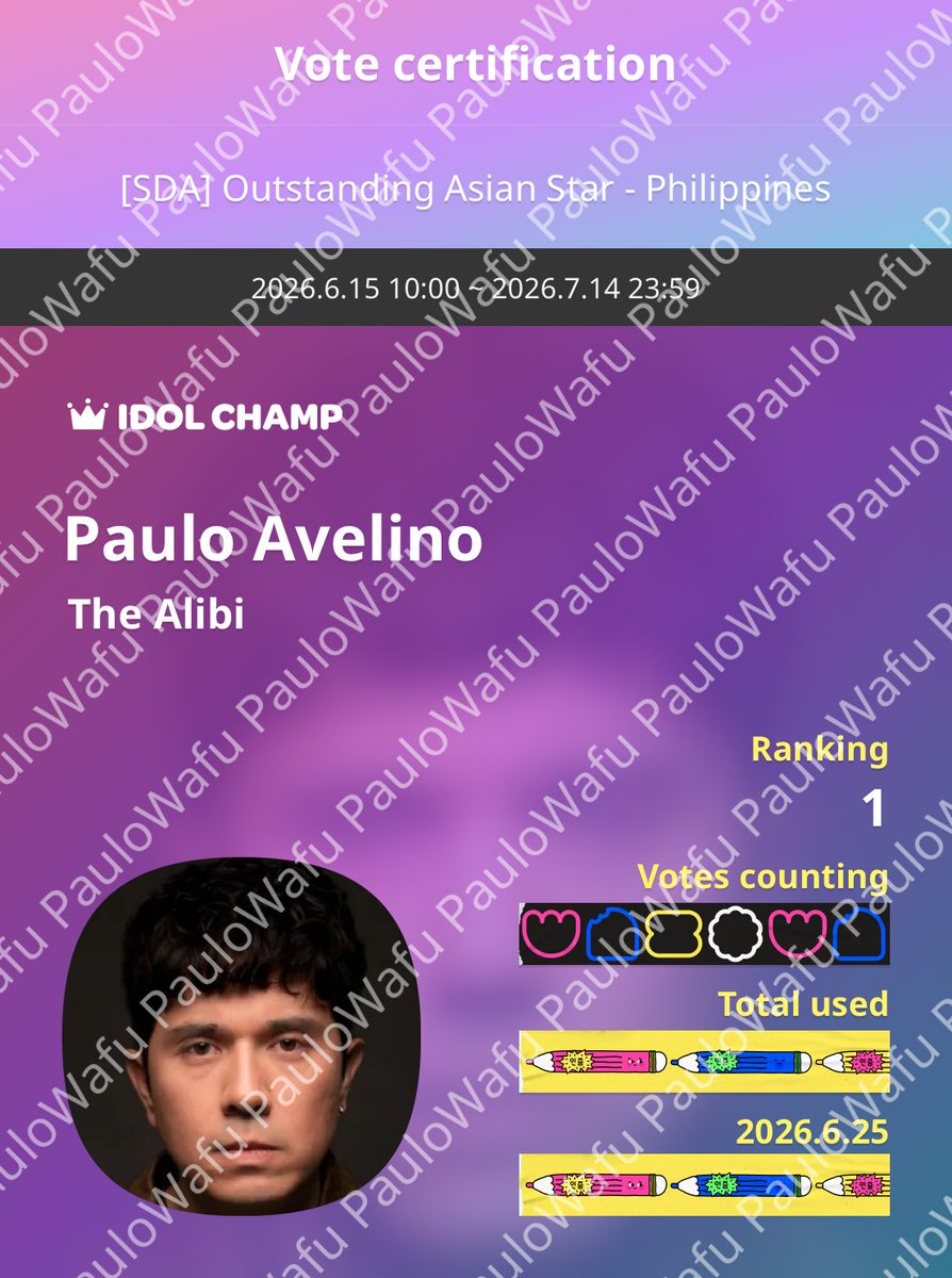 pbjc_sta's tweet photo. Two years ago it was Kim, now let's make 2026 Paulo's year!🏆

Day 10! Please vote for Paulo, onegaishimasu!🥹🩷

IDOLCHAMP 아이돌챔프
Paulo Avelino The Alibi 투표 완료🗳️
https://t.co/iGmszsQpQ3 https://t.co/AcRQ5sAFUv