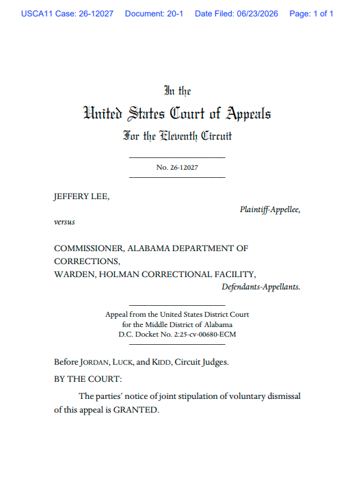 RDunhamDP's tweet photo. Alabama has formally dropped its appeal of the district court ruling that execution by gas suffocation violates the Eighth Amendment. @uscedp @PHADP @AlabamaArise @eji_org #JefferyLee #deathpenalty https://t.co/1MiUEcMlot