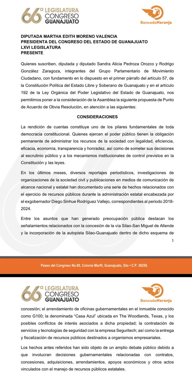 alexramblasr's tweet photo. Contragolpe bilateral de MC en defensa de Ale Gutiérrez 💥

Después de que el PAN impulsara desde el @CongresoGto revisiones contra el gobierno leonés de @AleGutierrez_mx, @MovCiudadanoMX decidió responder con escalas…

Primero desde @Mx_Diputados pidió a la @ASF_Mexico y a la @FGRMexico revisar a fondo el sexenio panista - emecista - perredista de @diegosinhue; ahora, en Guanajuato, @MovCiudadanoGto presentará este jueves un exhorto similar (pero extendido) dirigido a la @asegto, @honestidadgente y @FGEGUANAJUATO.

Y no se quedan en la Casa Azul de Texas, la autopista Silao - San Miguel de Allende o el edificio G100…

El documento que propondrán @RodrigoMCGTO y @sandra_pedrozaa abre un catálogo de casos para revisión: concesiones carreteras, contratos reservados de seguridad con Seguritech, el millonario programa Tarjeta Rosa, Planet Youth, los edificios del ISSEG, FIDESSEG, GTO Leasing, Juventudes GTO, obras adjudicadas a Eco del Bajío y posibles actos de enriquecimiento ilícito, cohecho o desvío de recursos.

Este jueves, previo a sesión ordinaria, habrá rueda de prensa con la alienación naranja encabezada por @yulmarocha.

Esta rendición de cuentas y exigencia  de transparencia siendo motivada por la revancha…