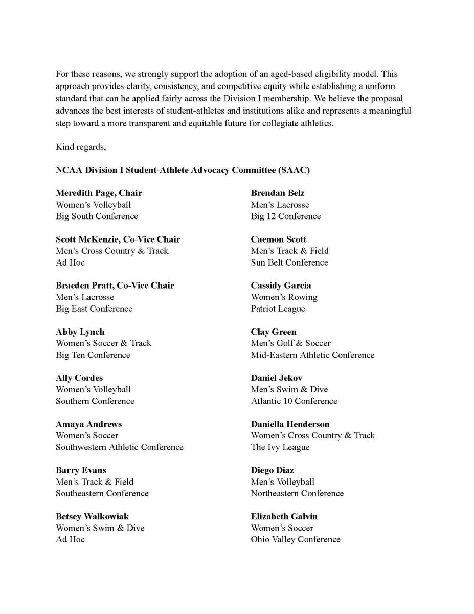NCAA_PR's tweet photo. DI Student-Athlete Advocacy Committee letter of support for Age-Based Eligibility Rule: https://t.co/1CfnQ1VCys