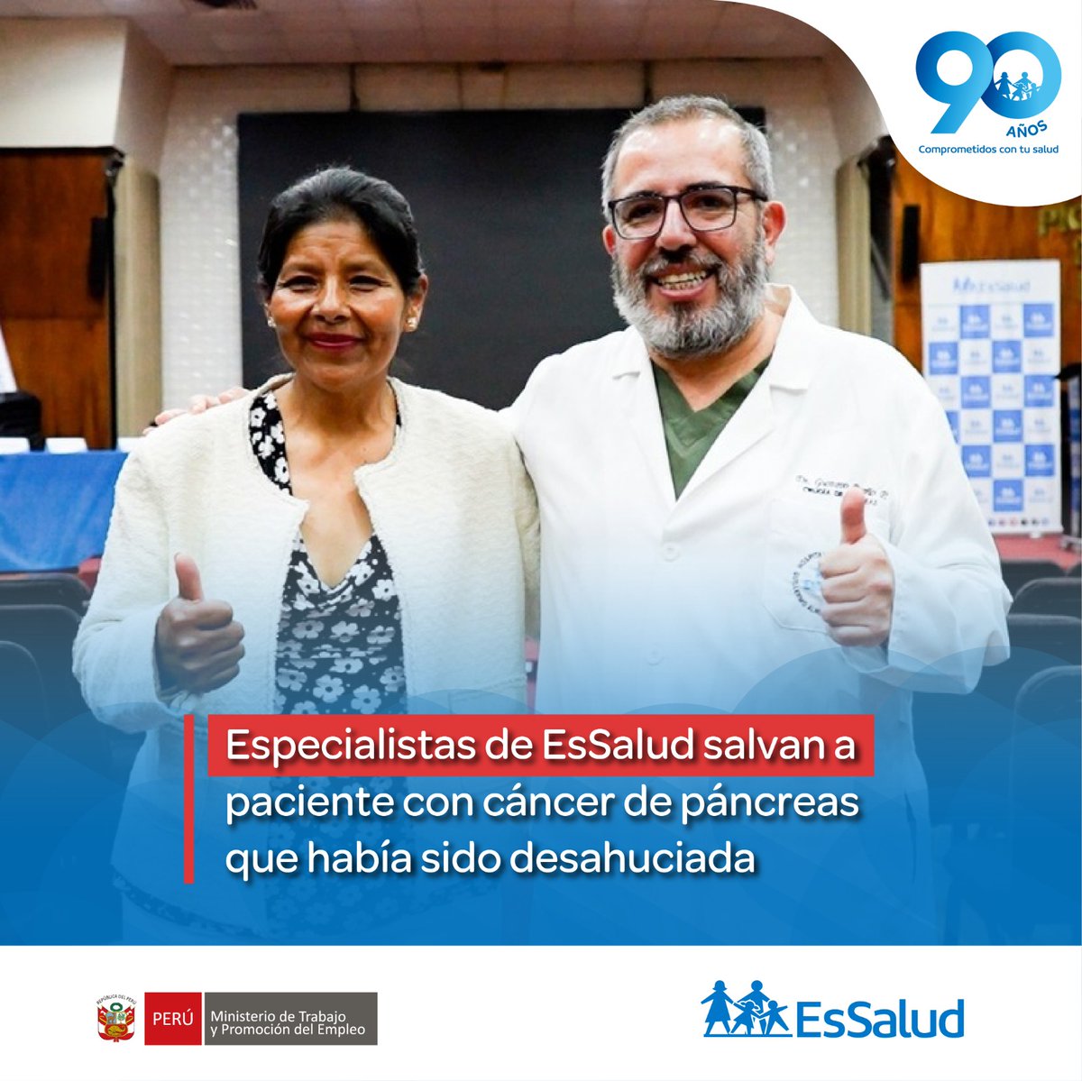 EsSaludPeru's tweet photo. 💙#ProezaEsSalud | A Jenny Espinosa le dieron solo 30 días de vida tras ser diagnosticada con cáncer de páncreas. Hoy, 14 años después, sigue adelante gracias a su fortaleza y al trabajo de los especialistas de EsSalud.

Su historia es un ejemplo de esperanza, compromiso y excelencia médica que transforma vidas.

👏 En EsSalud seguimos trabajando por una atención especializada con calidad y humanidad.

📎Conoce más aquí: https://t.co/sk70xox3tc

#EsSalud #HospitalAlmenara #HistoriasQueInspiran