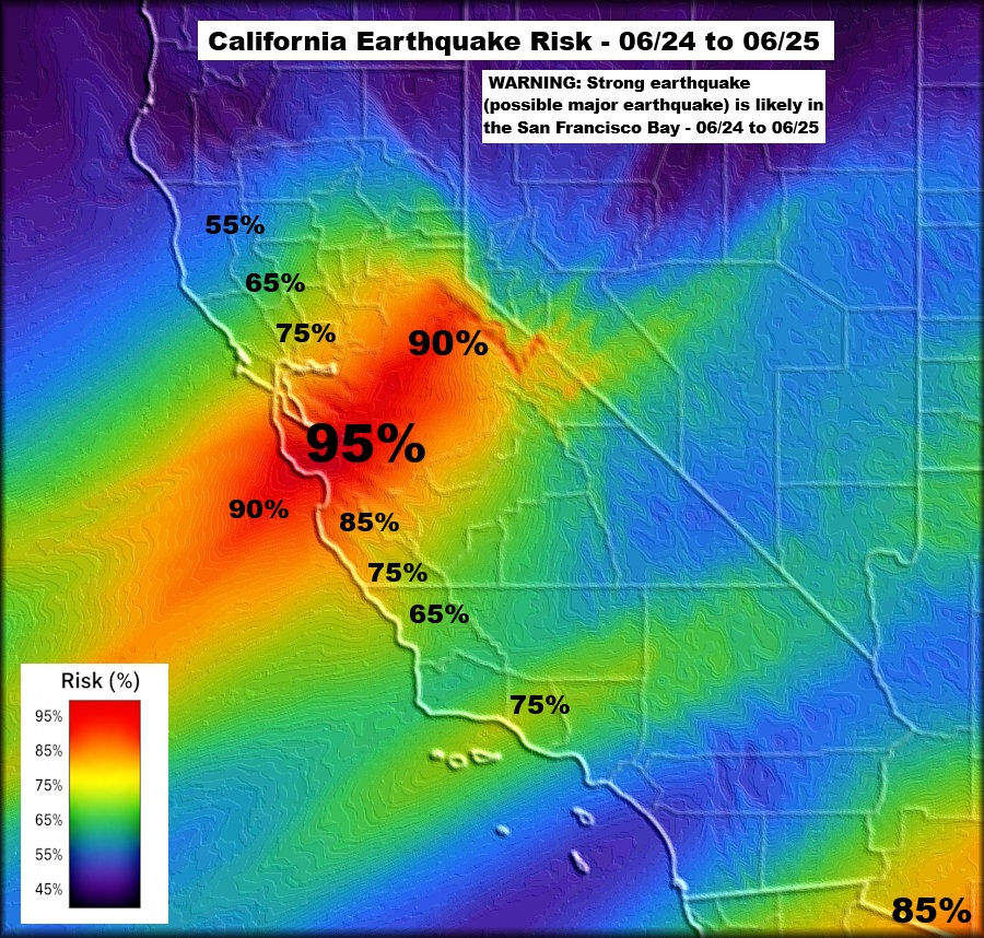 Quakeprediction's tweet photo. Earthquake risk remains very high in the San Francisco Bay during the next 48 hours. https://t.co/EGKnZBxqRU