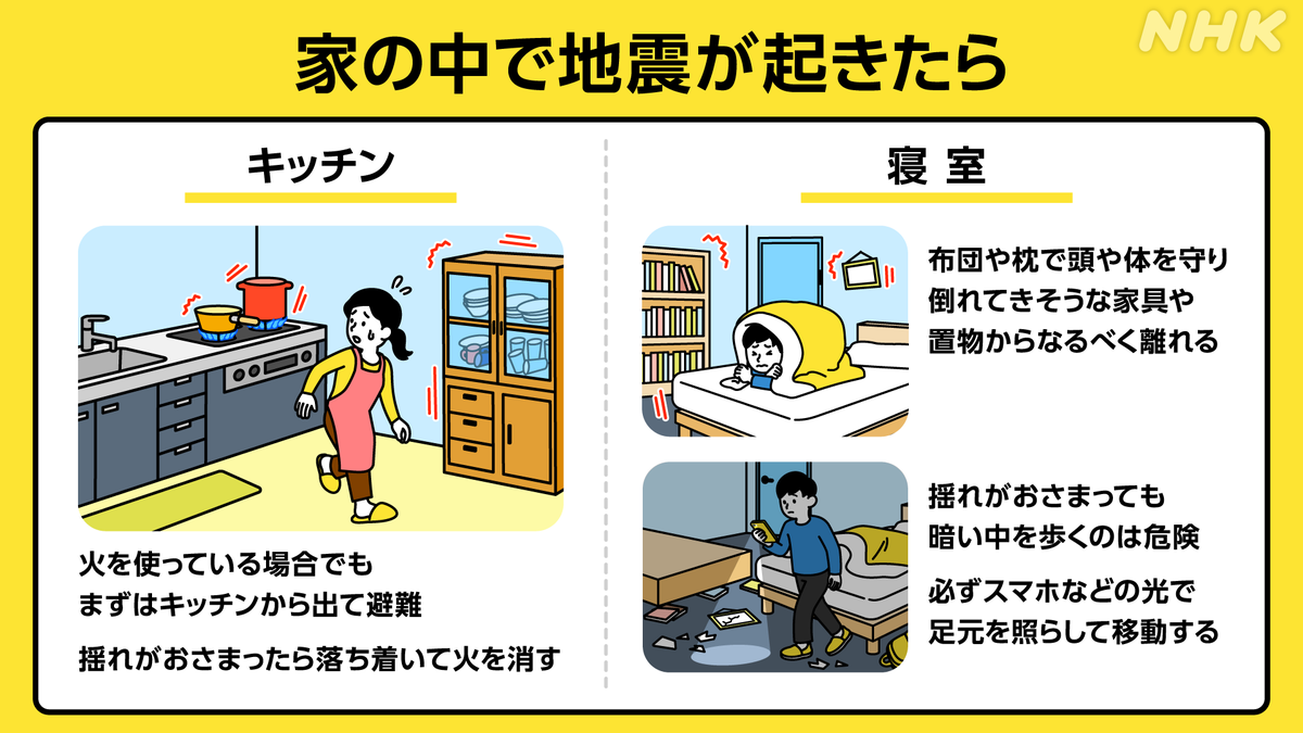 nhk_seikatsu's tweet photo. 【強い揺れのとき、注意することは?】
まず落ち着いて、
危険な場所から離れて、
揺れがおさまって安全を確認できてから、
火の始末をしてください。
けがをしないよう身の安全を確かめて行動してください。
#大切な人にシェアを
https://t.co/t2tbVJy97a https://t.co/gwuyl4tAh2