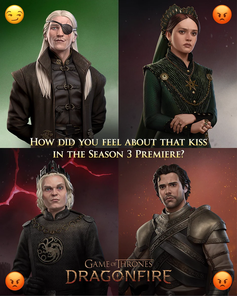 Promotional image asking users to react to the Season 3 Episode 1 premier of House of the Dragon, showing various characters from HotD with emoji reactions next to them.