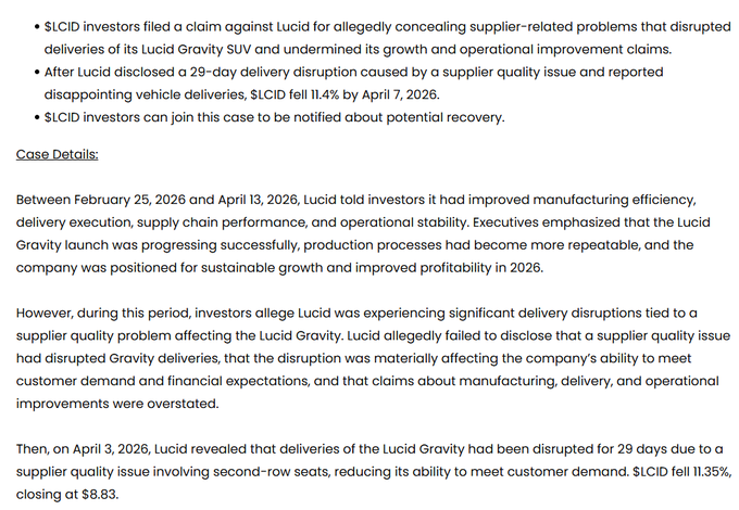 11thestate's tweet photo. $LCID investors — in case you missed the latest.                      

A new case was filed against #Lucid. Here are the key details.                      

Worth checking — and don’t forget to join so you don’t miss any updates or potential payouts. https://t.co/pjGAYEGpQl