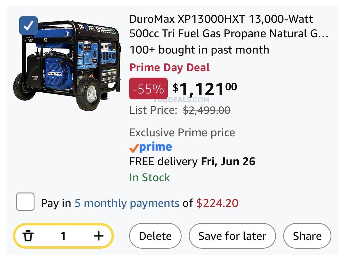 thedealsguy_'s tweet photo. $1121 DuroMax XP13000HXT 13,000-Watt Tri-Fuel Portable Generator

Normally $2500

Perfect for home backup power, storms, RVs, or job sites with gas, propane, or natural gas ⚡

https://t.co/ZTBmUxmwHA

#ad https://t.co/ToT1WtHFsq
