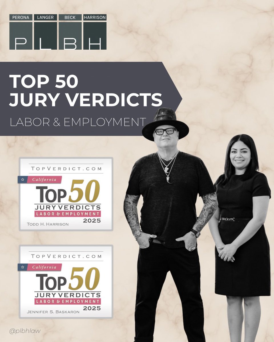 PLBHLaw's tweet photo. Congratulations to our leadership team! 🎉
We’re proud to share that Managing Partner Todd Harrison and Partner Jennifer Baskaron have each been recognized among California’s Top 50 Labor &amp; Employment Jury Verdicts of 2025.

#law #employment #socal #attorney #topverdicts https://t.co/ApgTaqQLkb
