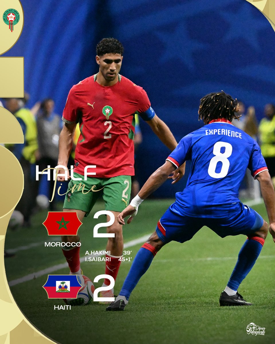 EnMaroc's tweet photo. نهاية الشوط الأول بالتعادل بين منتخبنا الوطني ومنتخب هايتي

⏸️ Half-time! 🇲🇦2-2🇭🇹
Our National Team heads into the break level on the scoreline

#DimaMaghrib  #FIFAWorldCup https://t.co/zdyFGK5snf