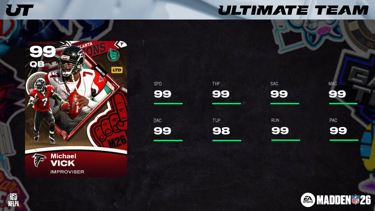 EASPORTS_MUT's tweet photo. Fan Appreciation RL 2 brings out the heavy machinery with Michael Vick, Aaron Donald (SS), Megatron (MIKE), and Minitron (HB) 🤖

Dropping tomorrow! #Madden26 https://t.co/QYV03WOewd