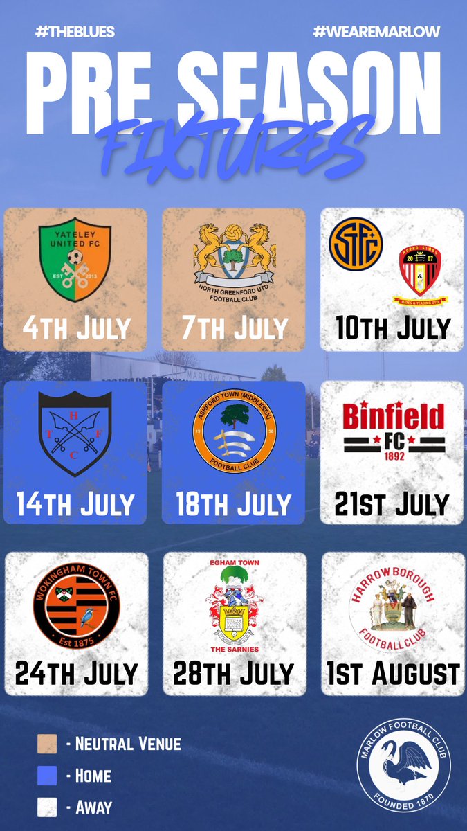MarlowFC's tweet photo. 📅First dates for the diaries!

We can confirm our pre-season schedule ahead of the 26/27 season, consisting of nine fixtures starting from the 4th July.

🤛🏻Clashes with Yateley United and North Greenford United will be held at Neutral venues, before we head over to Arbour Park to take part in the A23 Cup with two 45 minute fixtures on the same night against Slough Town and Hayes & Yeading.

🏟Our only two home fixtures come against Hanwell Town and Ashford Town on the 14th and 18th of July respectively. Four away games will complete our schedule, with visits to Binfield, Wokingham, Egham Town and Harrow Borough.

Locations for the Neutral venues and KO times/ticket information for all fixtures will be announced across our socials closer to the time of each game, so keep your eye on our channels!💙

#MarlowFC #TheBlues #WeAreMarlow