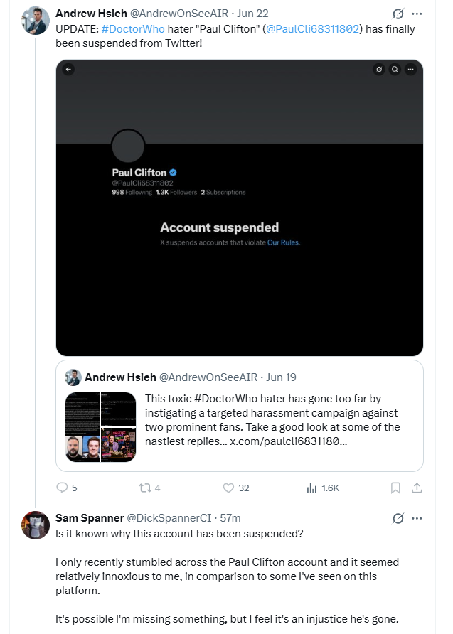 DickSpannerCI's tweet photo. I know very little about the DW online fandom; but what I have come to appreciate is the astonishing immaturity of some of those within it, children completely unable to hold a conversation without running away.

Blocked by Andrew Hsieh for no good reason. What a snowflake. https://t.co/KFY31ICnOs